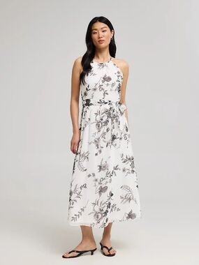NWT Suzy Shier White Floral Halter Maxi Dress with Gray Print